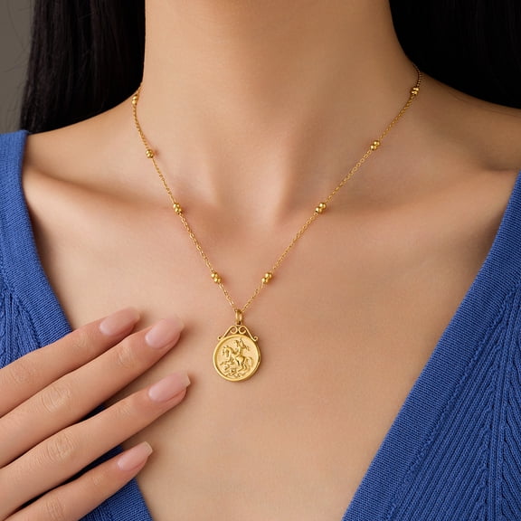 NICKSUN 18K Gold Plated Stainless Steel Vintage Embossed Coin Pendant Necklace, Multi-bead Station Cable Chain Minimal Clavicle Jewelry for Women
