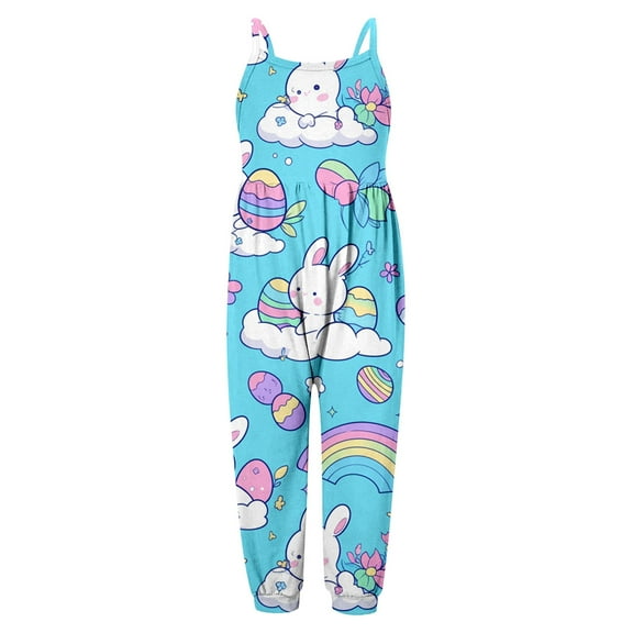 Adeawade Toddler Easter Onesie For Girls 6-7 Years Long Sleeve Round Neck Toddler Girls Kids Baby Jumpsuit Floral Cartoon Bunny Playsuit Strap Onesie Summer Outfits Classic Clothes Sky Blue