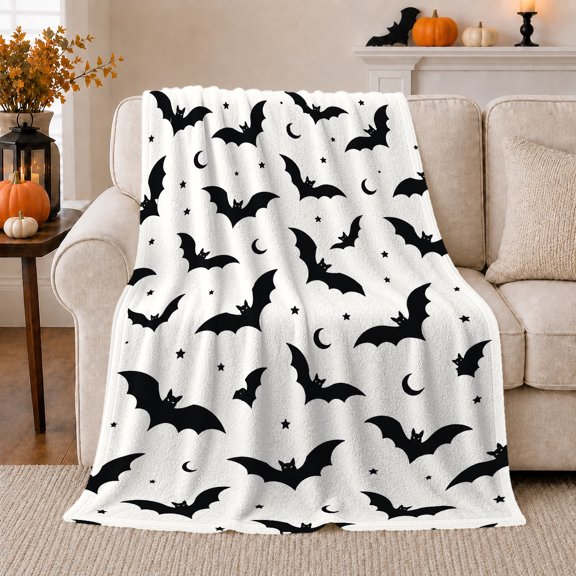 Black Bats with Crescent Moons on White, Spooky Graphic Style for Halloween Lovers, Night Bat Pattern and Halloween Gift, Cozy Flannel Blanket for Family Room and Playroom, Home Decor