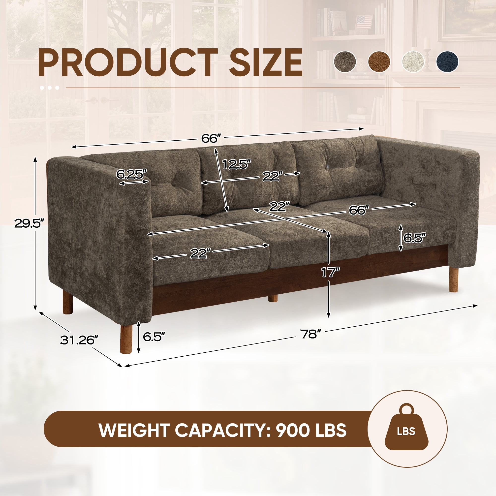 Lunale 78" Chenille 3-Seater Sofa, Modern Mid‑Century Upholstered Couch for Living Room, Apt., Tufted Design & Wood Legs, Dark Brown
