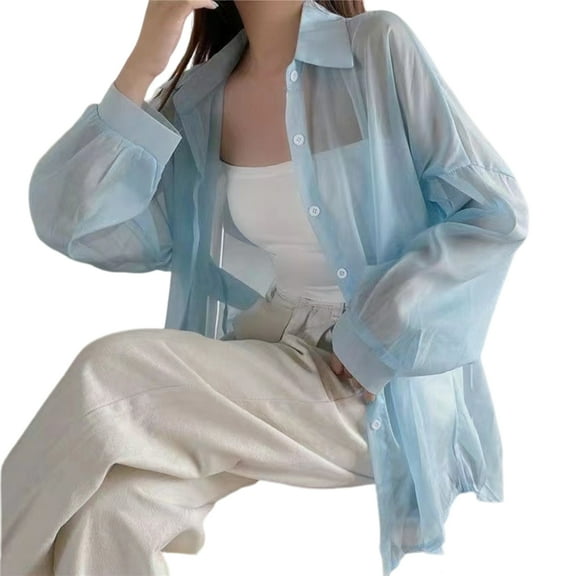 RYUJNDK Women Button Front Long Sleeve Mesh Shirt See Through Sheer Blouses Tops Long Sleeve Ladies Basic Shirts
