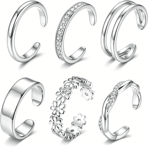 DESIGNICE 6Pcs Toe Rings for Women-14K Gold Filled Toe Ring Non Tarnish Silver Adjustable Simple Open Band Hug Chunky Flower Toe Rings Set Trendy Summer Beach Foot Jewelry for Women