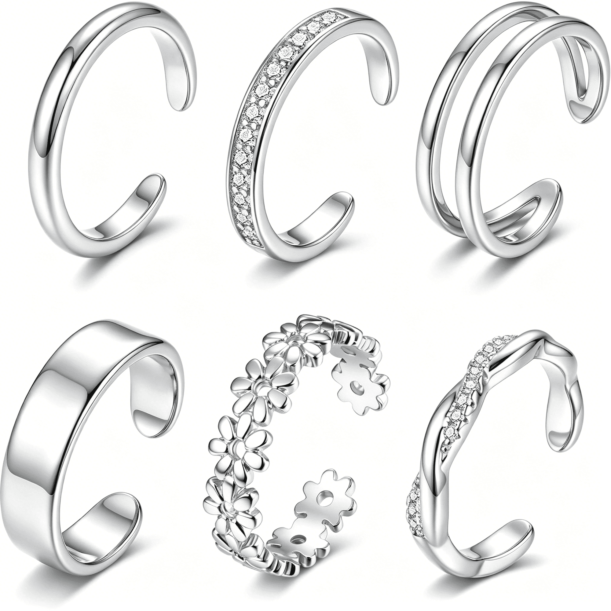 DESIGNICE 6Pcs Toe Rings for Women-14K Gold Filled Toe Ring Non Tarnish Silver Adjustable Simple Open Band Hug Chunky Flower Toe Rings Set Trendy Summer Beach Foot Jewelry for Women