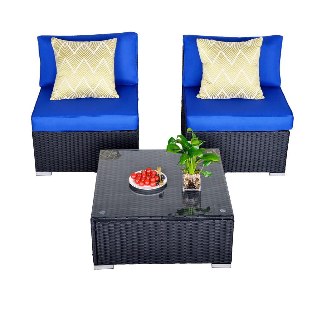 Outdoor Patio 3 Pieces Sofa Furniture All Weather Sectional Loveseat Wicker Armless Sofa Bistro Conversation Set with Coffee Table, Black Wicker Dark Blue Cushions