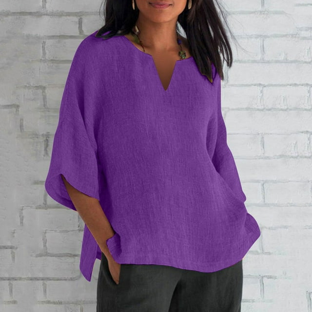 VKOYWKM Womens Cotton Linen Summer Tops Plus Size Half Sleeve Shirts Trendy Notch V Neck T Shirts Loose Fit Side Split Tees Solid Color Basic Tops