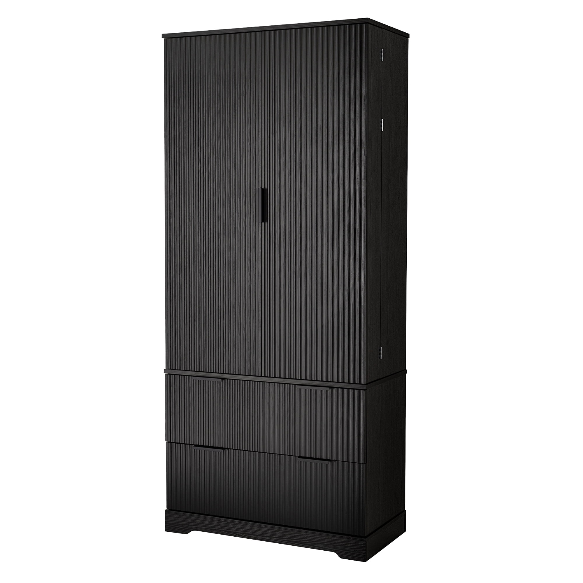 Mintazer 72" Modern Fluted Freestanding Kitchen Pantry Storage Cabinet with 2 Door & 2 Drawers, Large Storage Hutch with 8 Spice Door Racks for Kitchen Dining Room Bathroom, Black