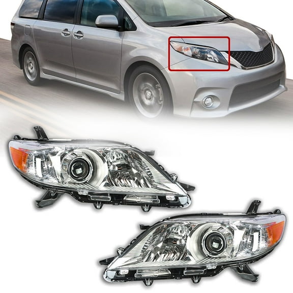 PET-U 2pcs Headlights Assembly Black Chrome Halogen Headlamp Housing Fit for 2011 2012 2013 Toyota Sienna, Front Left & Right