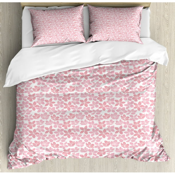 Cherry Blossom Queen Size Duvet Cover Set, Unevenly Aligned Five Petal