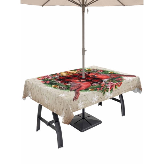 Outdoor Tablecloth with Umbrella Hole and Zipper, Christmas Rectangle Table Cloth 52x70 Inch Waterproof Tablecloth, Xmas Botanical Birds Snowflake Plaid Picnic Table Cover for Patio Camping