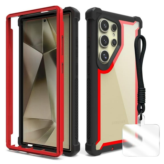 Allytechgroup Galaxy S23 Ultra Clear Case, with Hand Strap Not-Yellowing Anti-Scratch Rugged Shockproof Corner Protective Bumper Phone Case Cover for Samsung Galaxy S23 Ultra, Blackred