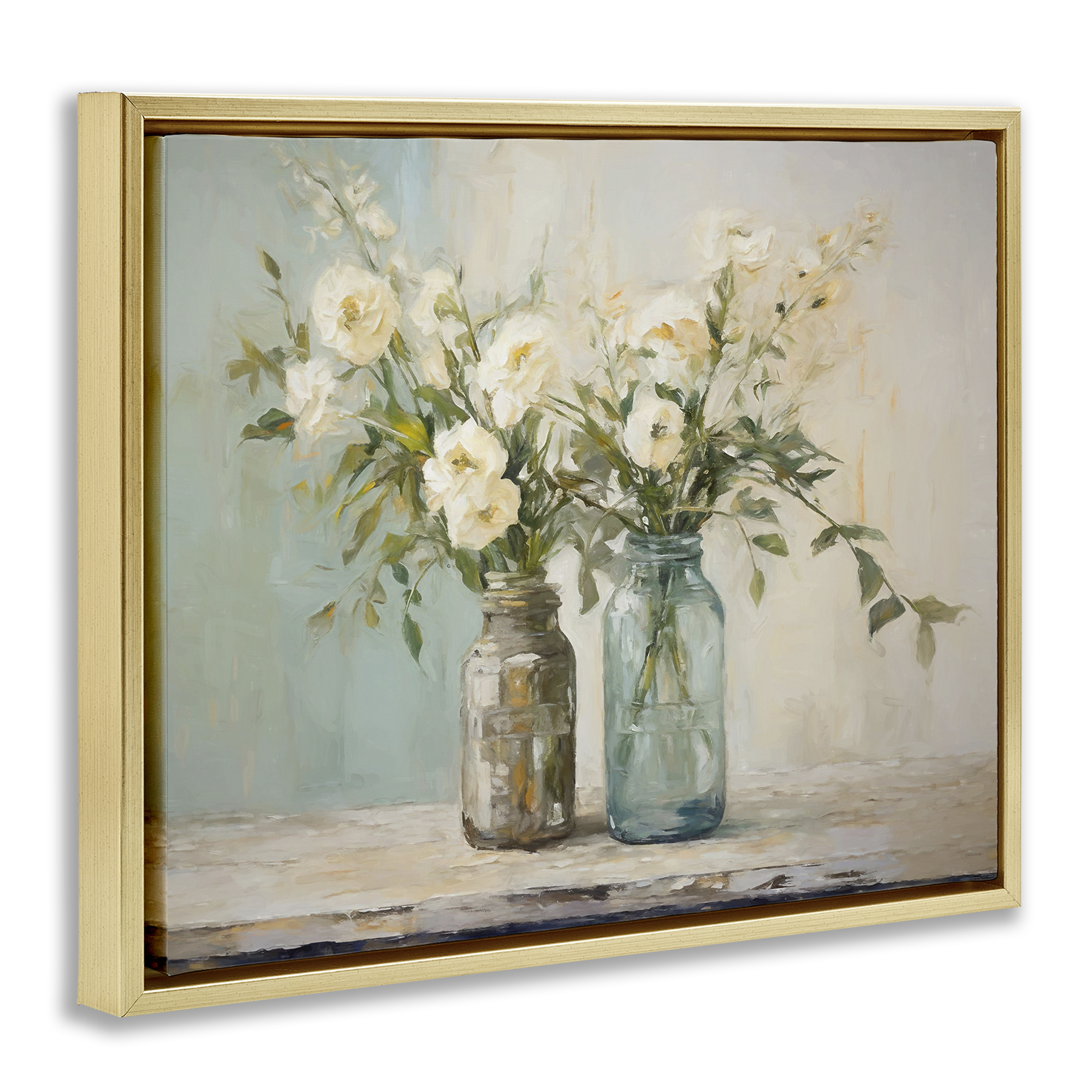 Stupell Industries Mason Jar Bouquet Botanical & Floral Painting Gold Floater Framed Art Print Wall Art, 31 x 25