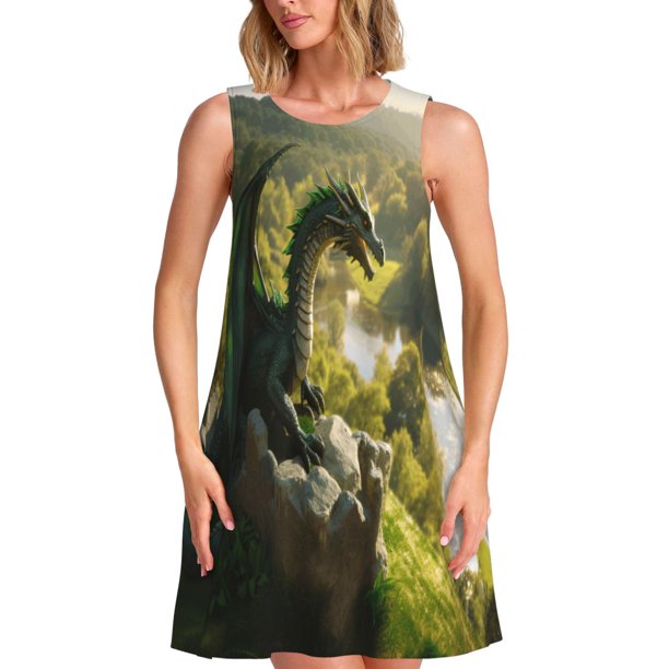 Easygdp Deep Forest Stone Green Dragon para Vestido Transpirable de Mujer, Vestido Suelto de Manga Corta con Pliegues y Bolsillos para el Verano