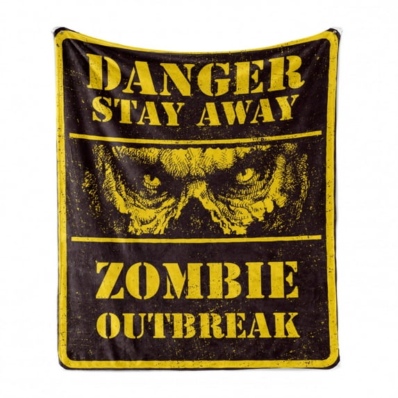 Zombie Soft Flannel Fleece Throw Blanket, Danger Stay Away Outbreak Message Monster Warning Sign Graphic Design, Cozy Plush for Indoor and Outdoor Use, 50" x 70", Chestnut Brown Yellow, by Ambesonne