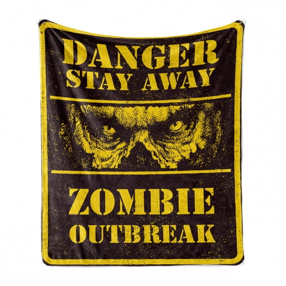 Zombie Soft Flannel Fleece Throw Blanket, Danger Stay Away Outbreak Message Monster Warning Sign Graphic Design, Cozy Plush for Indoor and Outdoor Use, 50" x 60", Chestnut Brown Yellow, by Ambesonne
