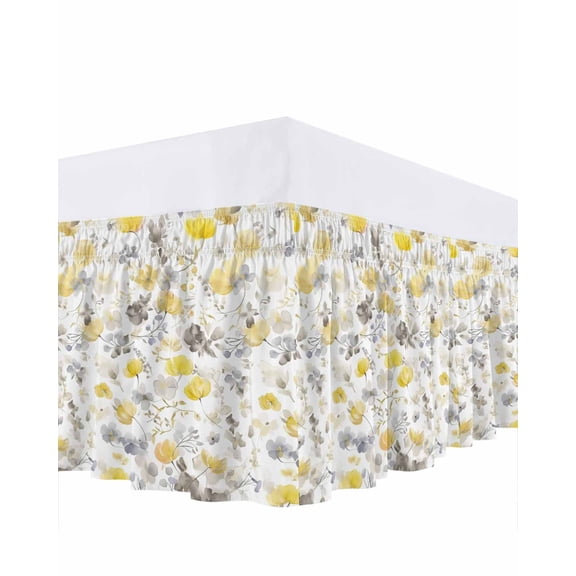 Yellow Grey Botanical Bed Skirt King Size, Spring Floral Watercolor Wrap Around Bed Skirting with Adjustable Elastic Strap, Dust Ruffled Pleated Bedskirts 18 Inch Drop for Bedroom King Beds