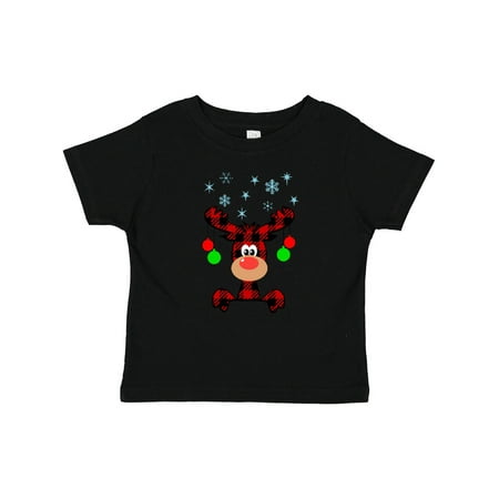 

Inktastic Cute Flannel Reindeer with Christmas Bulbs and Snowflakes Gift Baby Boy or Baby Girl T-Shirt