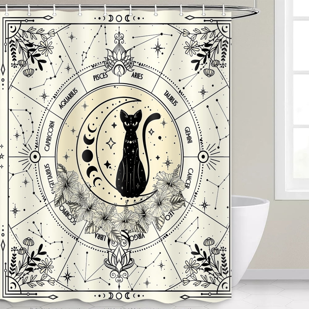 Boho Shower Curtains for Bathroom Moon Phase Black Cat Celestial Beige Shower Curtain Vintage Witchy Astrology Mysterious Celestial Waterproof Polyester Shower Curtain Set with Hooks 71X71 Inch