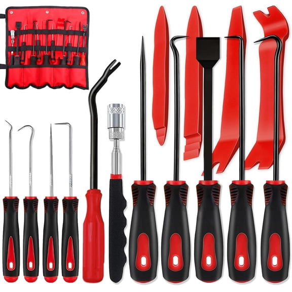 15Pcs Carbon Steel Precision Pick & Hook and Trim Removal Tool Set with Scraper and Magnetic Telescoping Tool Kit for Remove Automotive Electronics Maintenance Hoses Gasket Hand Pick Up Tools