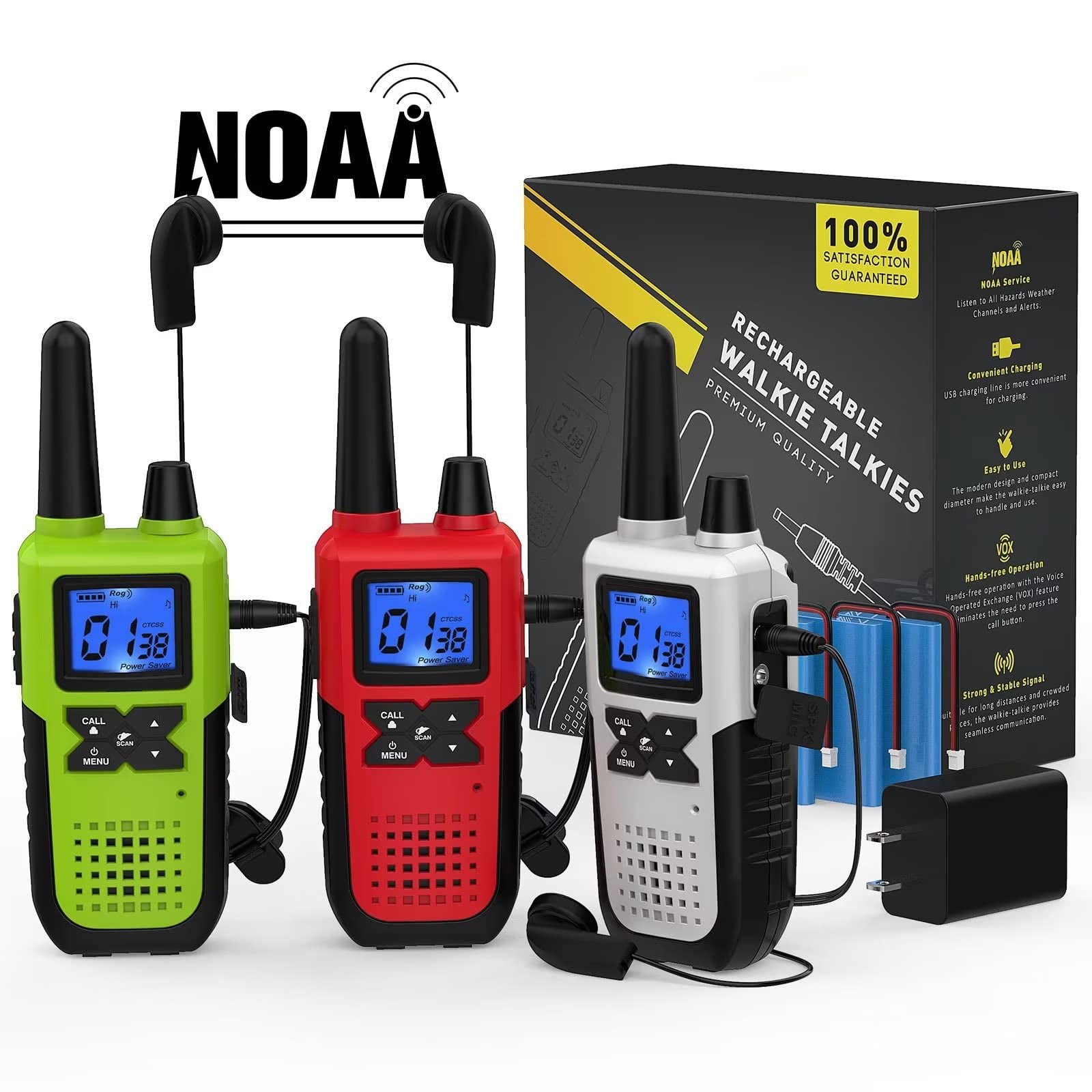 Rechargeable Walkie Talkies for Adults Long Range Long Distance Way  Radios Walkie Talkies Pack Work Walkie Talkies with Earpiece and Mic Set  Headsets USB Charger Battery NOAA Weather Radio