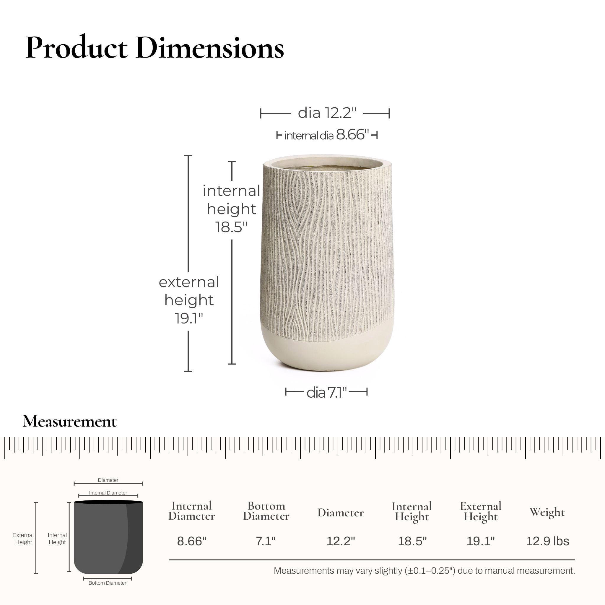 LuxenHome Wood‑Look Textured MgO Planter, 19" Tall Beige Decorative Garden Pot, Indoor & Outdoor