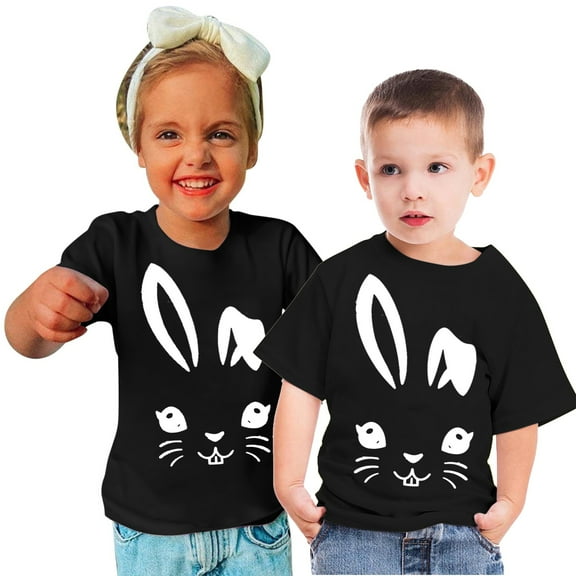 Zwiiyzr 2024 Toddler T-Shirt Bunny Face Doodle Easter Spring Time Flowers Great Gift Idea Easter Eggs Candy Basket Rabbit Cotton Tail Black-140