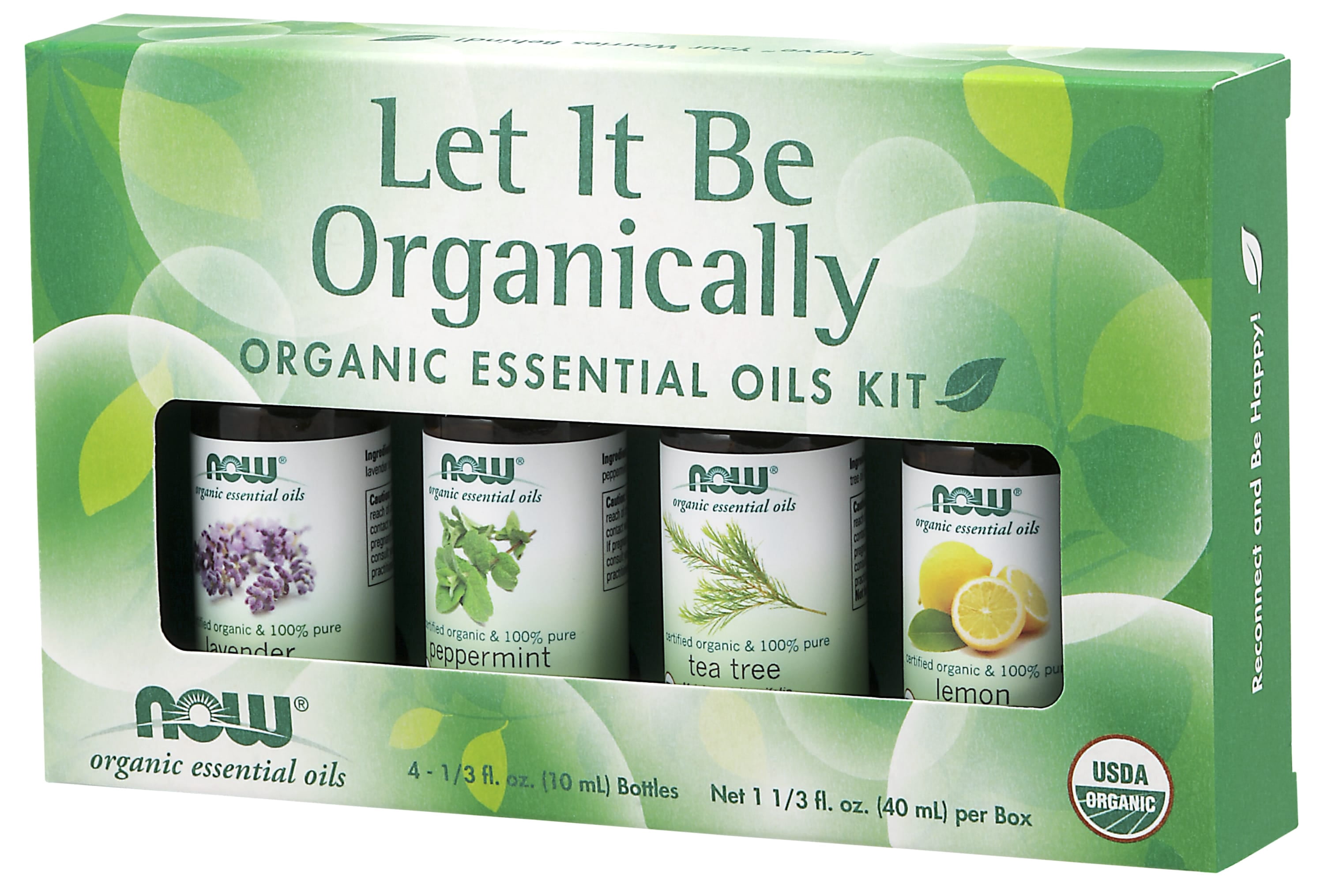 NOW Essential Oils, Let It Be Organically Kit, 4x10ml Including: Organic Lavender, Organic Tea Tree, Organic Peppermint and Organic Lemon Essential Oils With Child Resistant Caps