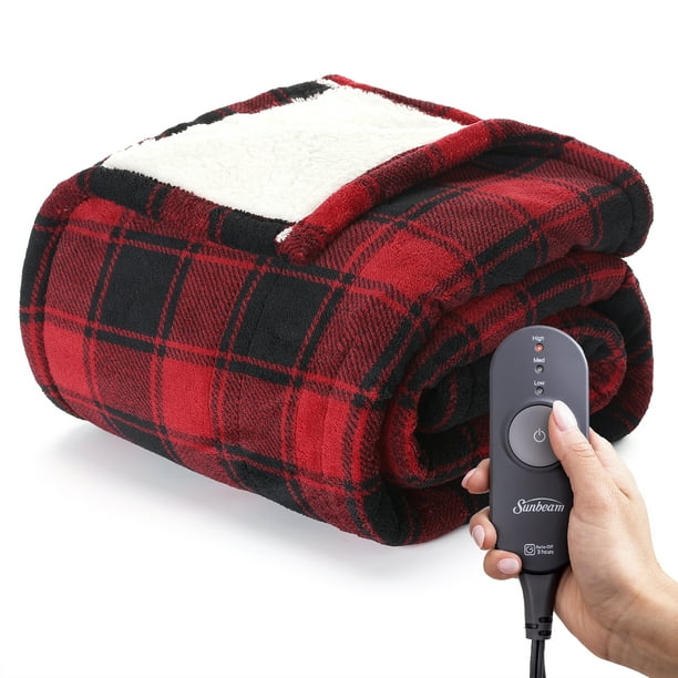 Heated Electric Throw Blanket, Sunbeam, Cozy Sherpa, Red Buffalo