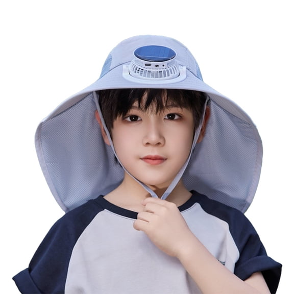 Kids Solar Fan Hat with Wide Brim for Sun Lightweight Cap for Outdoor Activities Adjustable Breathable Design for Boys and Girls Ages 3-12,Color:Light Gray
