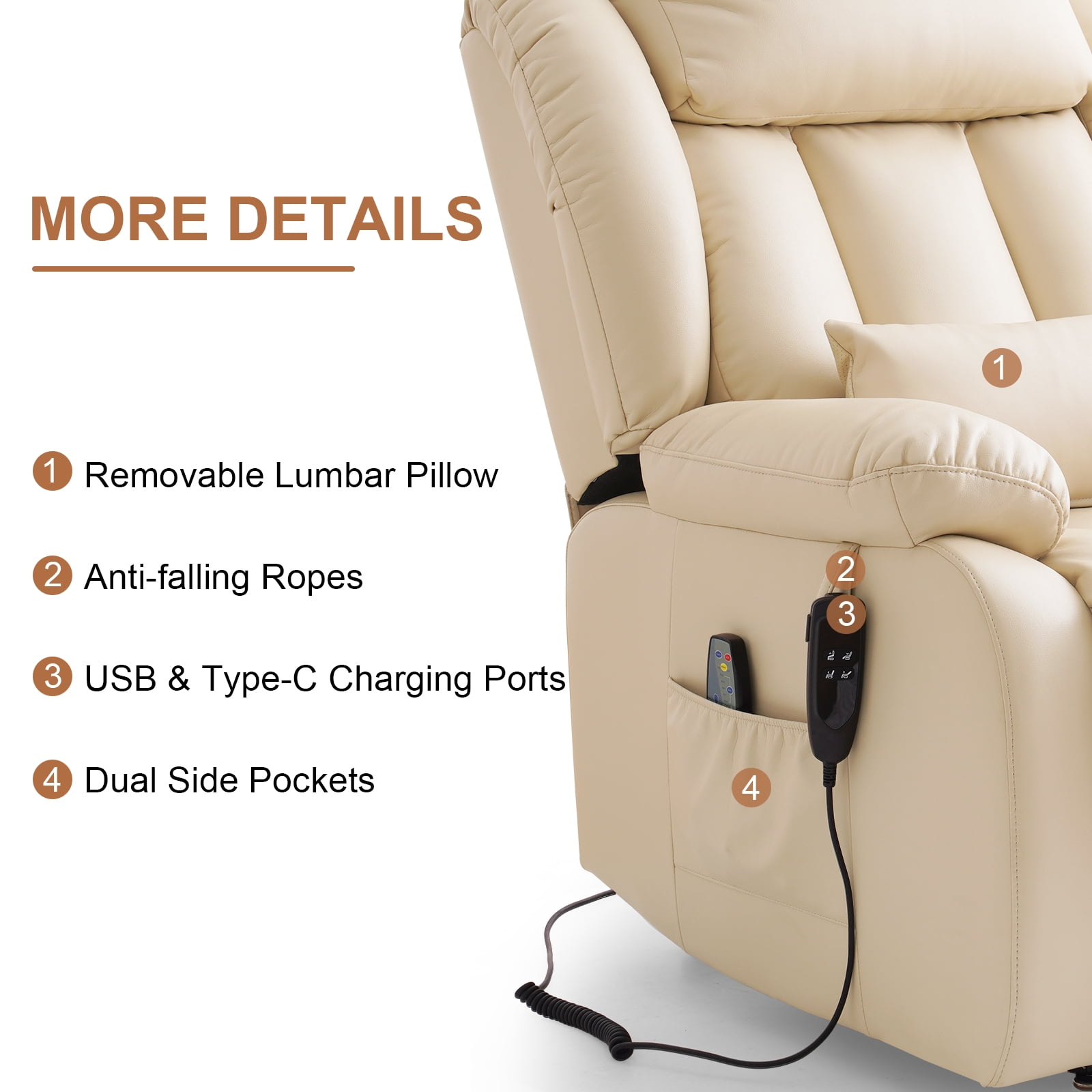 TEKAMON Infinite Position Lift Recliner Chair for Elderly with Heat Massage and Extended Footrest Lay Flat Sleeping Leather Dual Motor Power Lift Chair for Living Room (Beige)