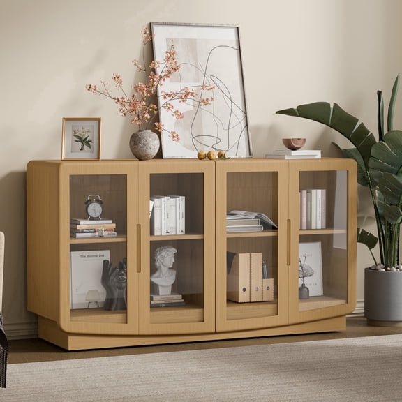 TopComfy 55-Inch Wood Storage Cabinet with Glass Doors Accent Sideboard Organizer Adjustable Shelves Large Capacity for Living Room Entryway Bedroom Walnut