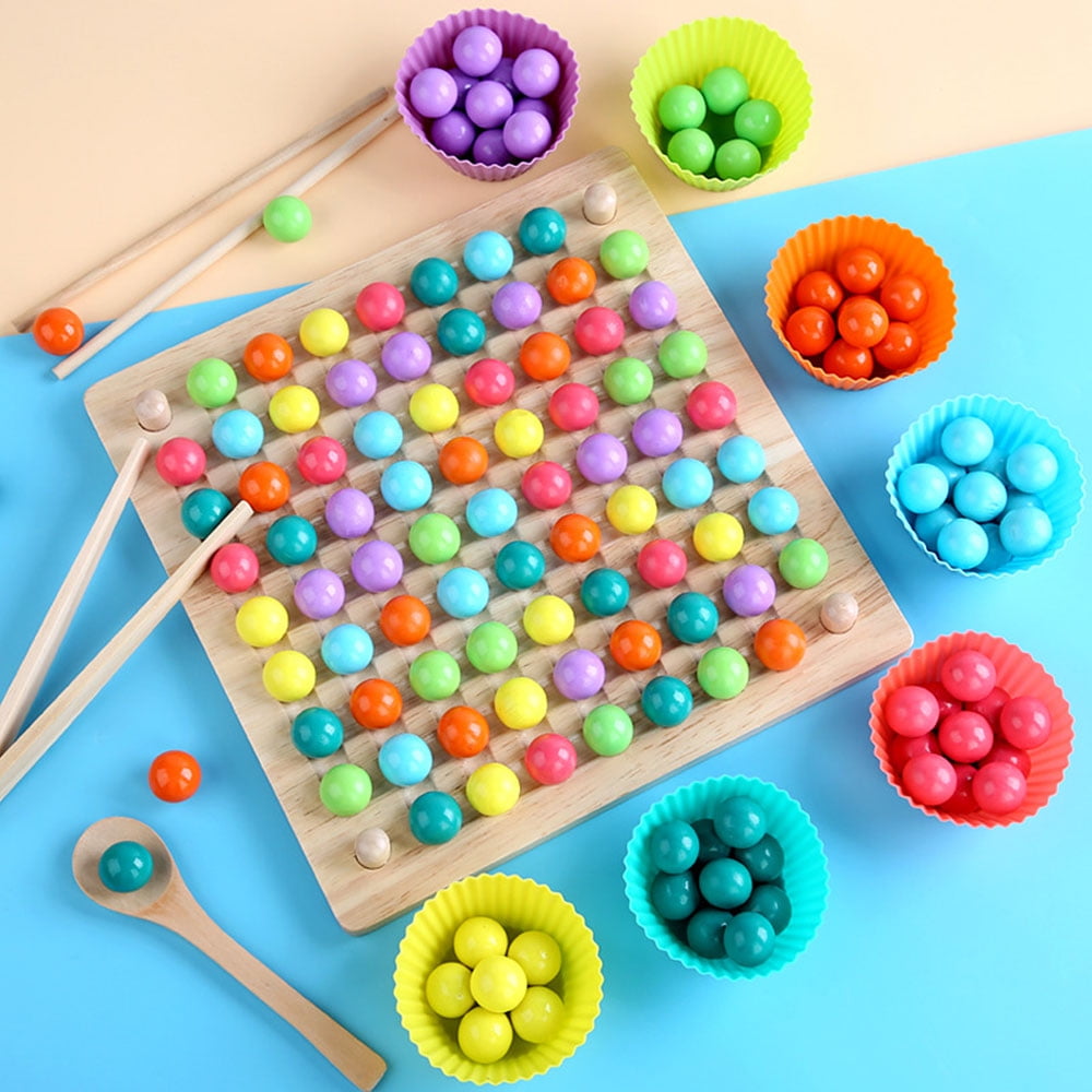 Montessori Wooden Puzzle Training Stick Clip Beads Coordinating Ball Game 