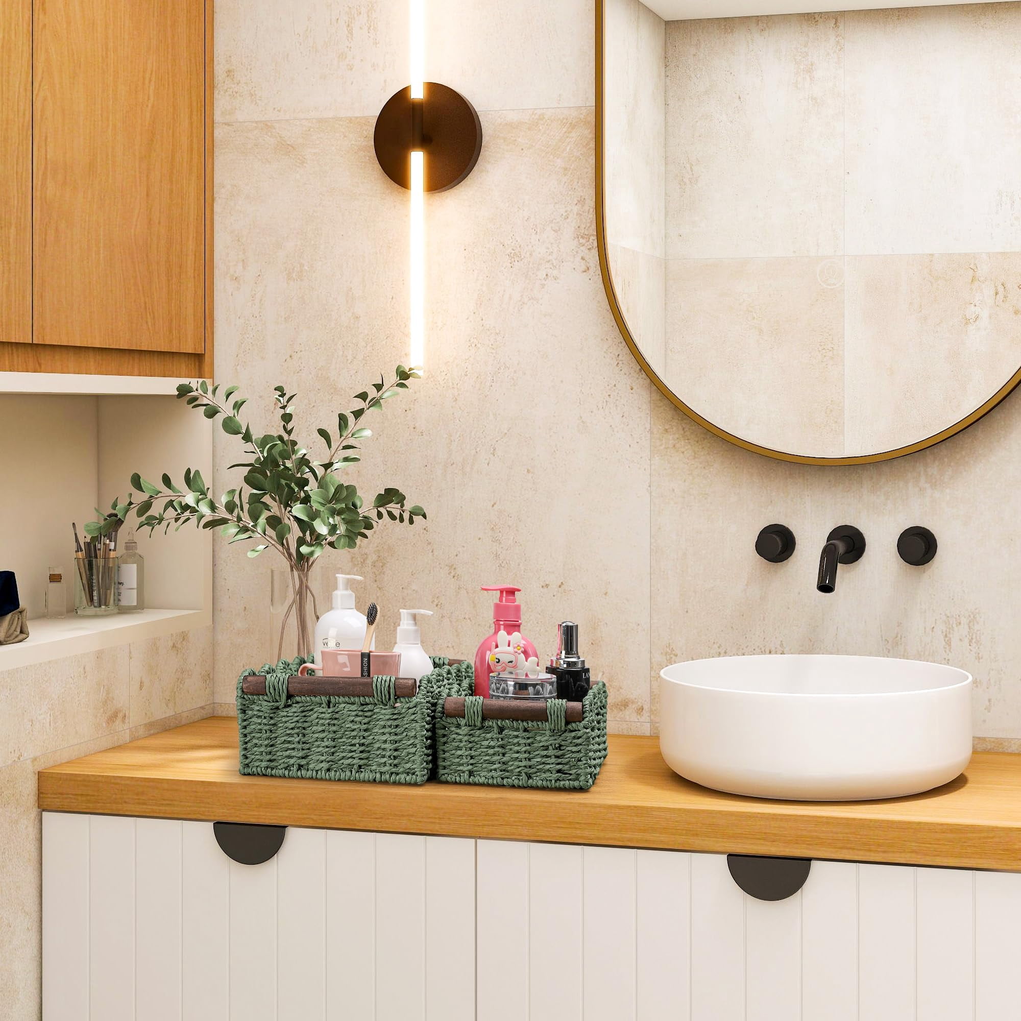 Green Wicker Storage Basket For Organizing Bathroom, Kitchen And Home Spaces