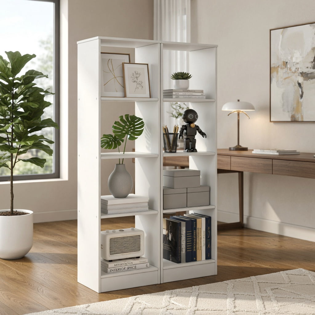 Spaco 5 Tiers 4-Cube Narrow Bookshelf with 4 Anti-Tipping Kits-White, Tall Bookshelf, Shelves for Living Room, Home Office, Bedroom, Balcony