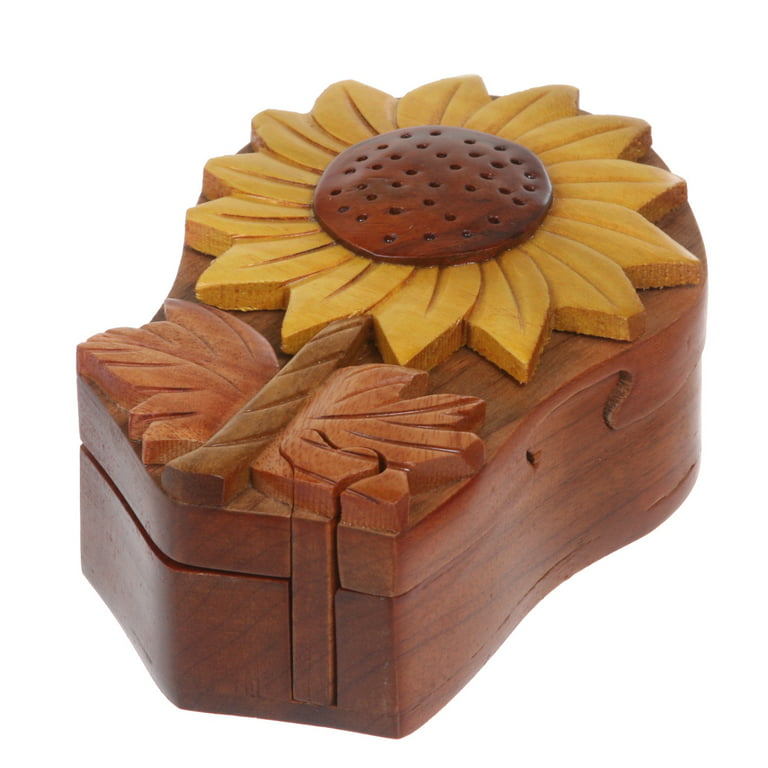 Handcrafted Wooden Sunflower Shape Secret Jewelry Puzzle Box