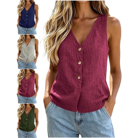 Women's Vest Sleeveless Knit V-Neck Button Up Casual Sweater Vest for Outdoor & Casual