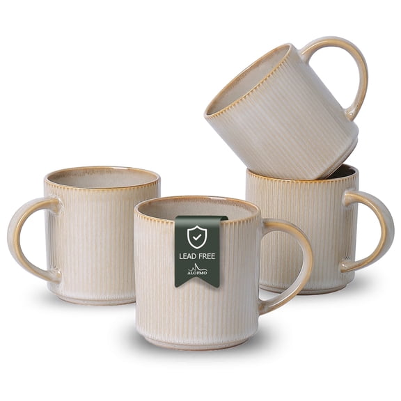 ALOFMO 16oz Ribbed Stoneware Coffee Mugs Set of 4 - Warm Beige Reactive Glaze Tea Cups with Handles, Rustic Farmhouse Style for Home & Office, Microwave Safe