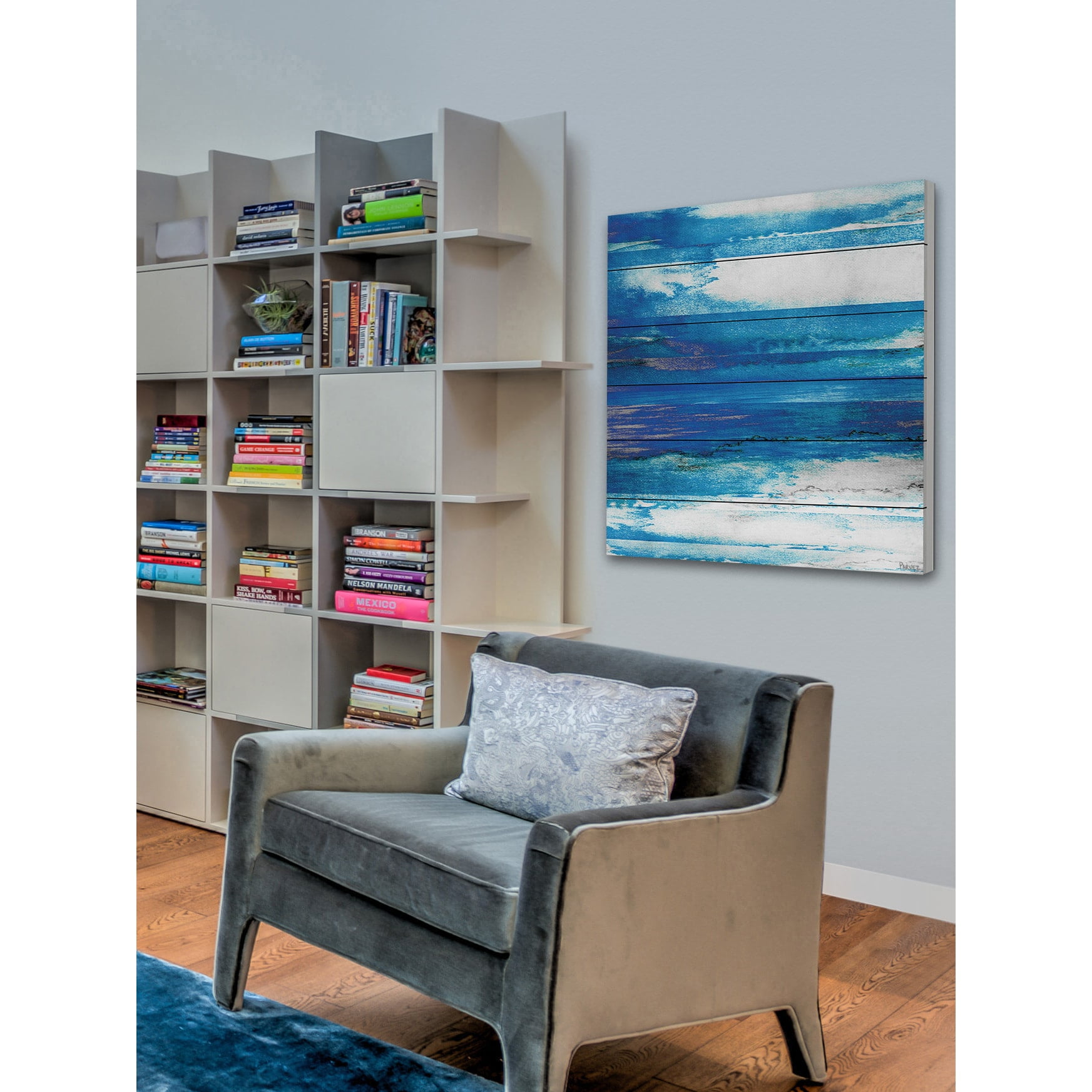 "Blue Painted Ocean" Painting Print on White Wood