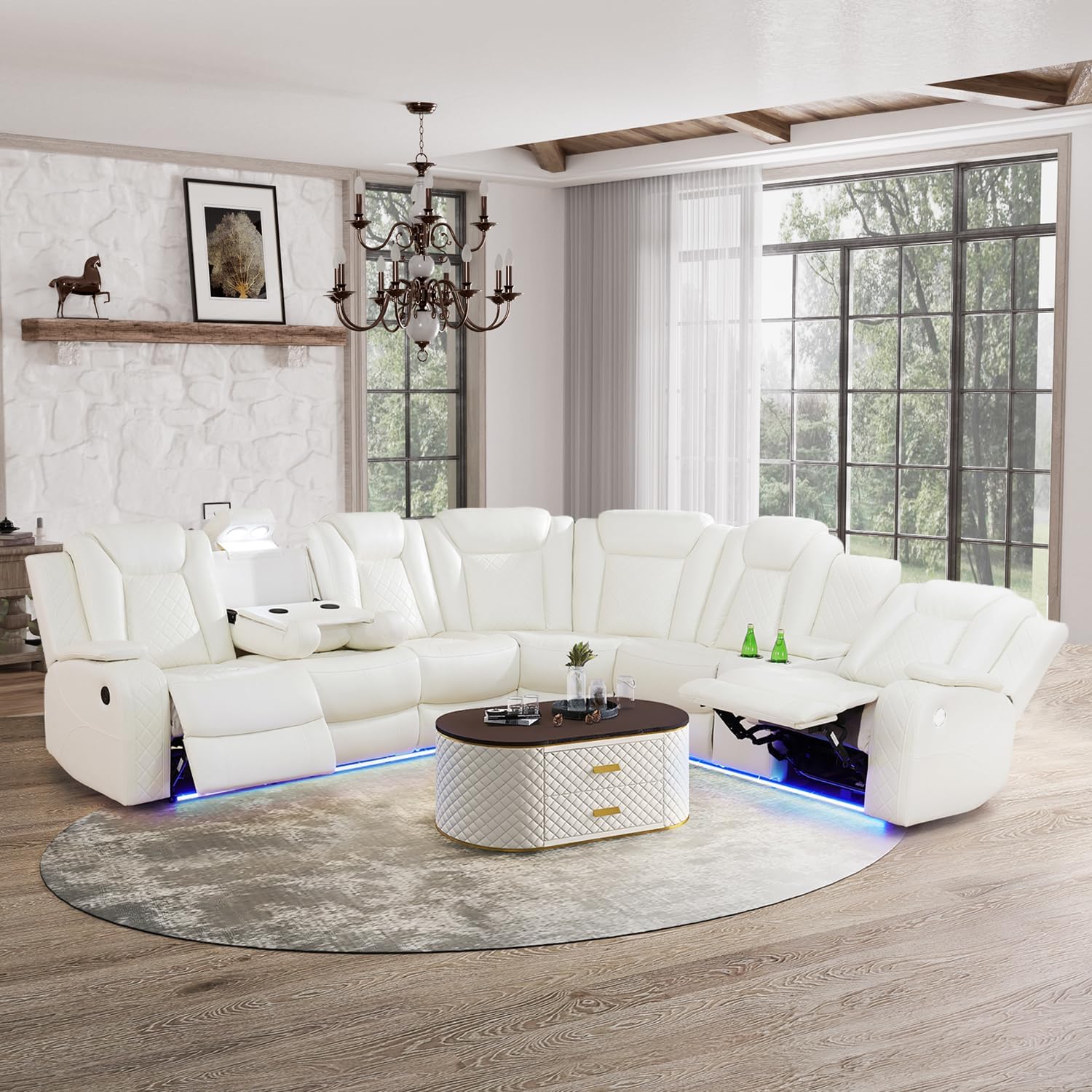 Power Reclining Sectional Sofa, Living Room Furniture Set with USB Chargers and Storage Console, Leather Recliner Sofa for Living Room/Apartment/Office/Home Theather (Creamy White)