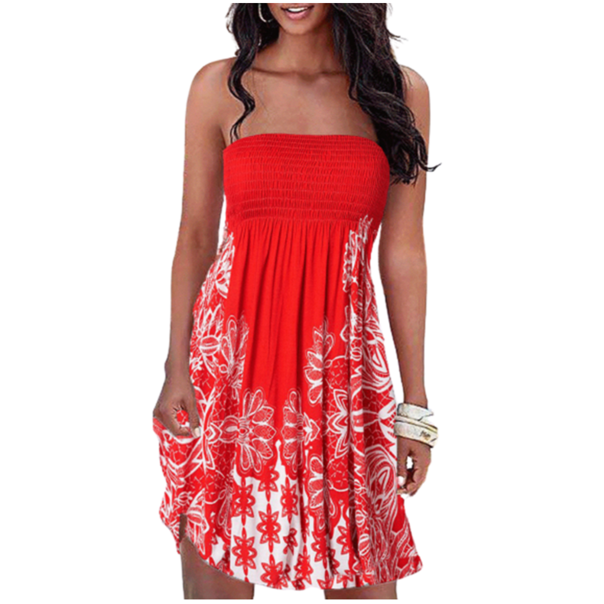 LEZMORE Women's Summer Dress Strapless Floral Print Bohemian Casual