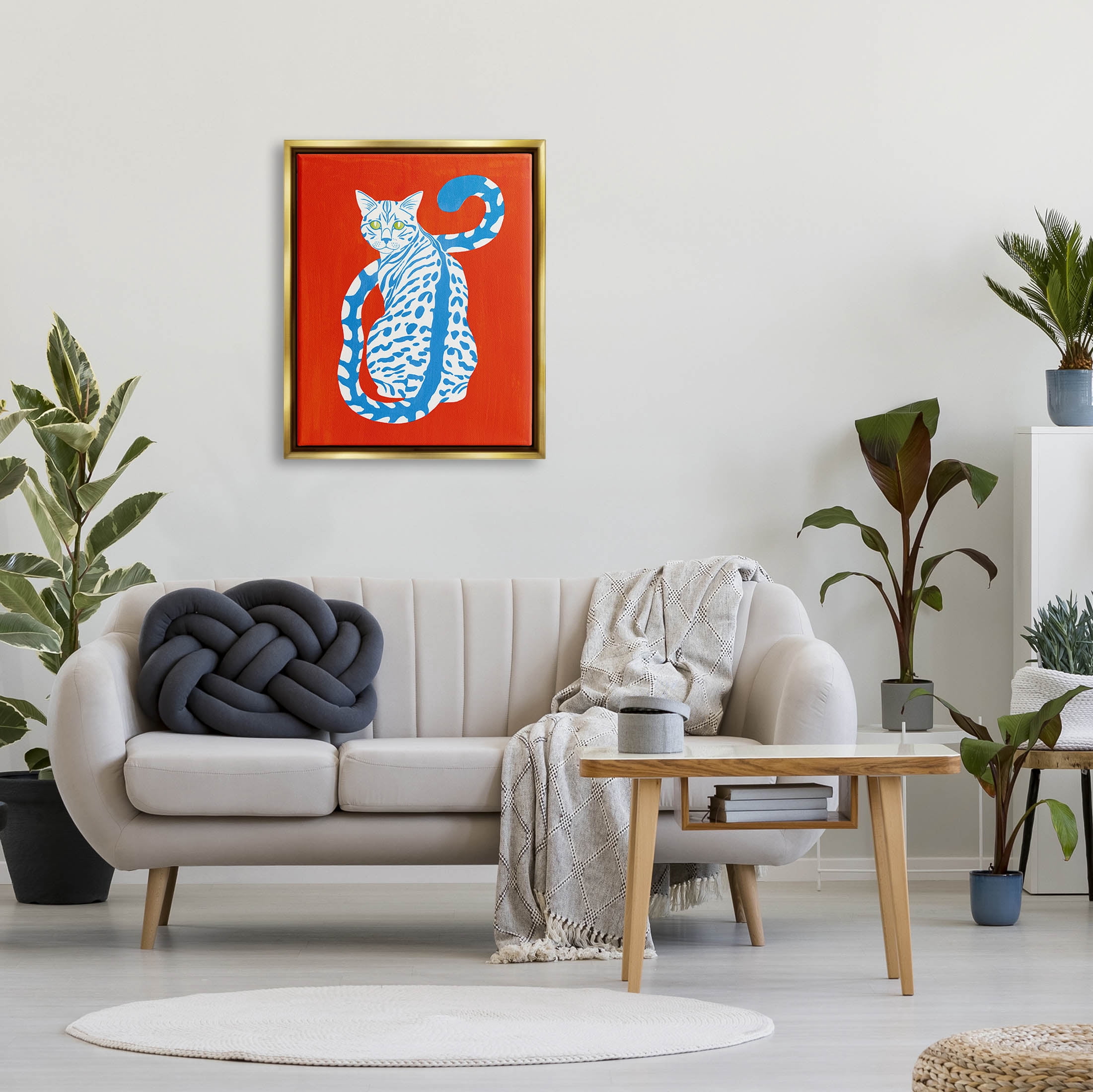 Stupell Industries Blue Gazing Cat Bold Modern Design Graphic Art Metallic Gold Floating Framed Canvas Print Wall Art, Design by Grace Popp