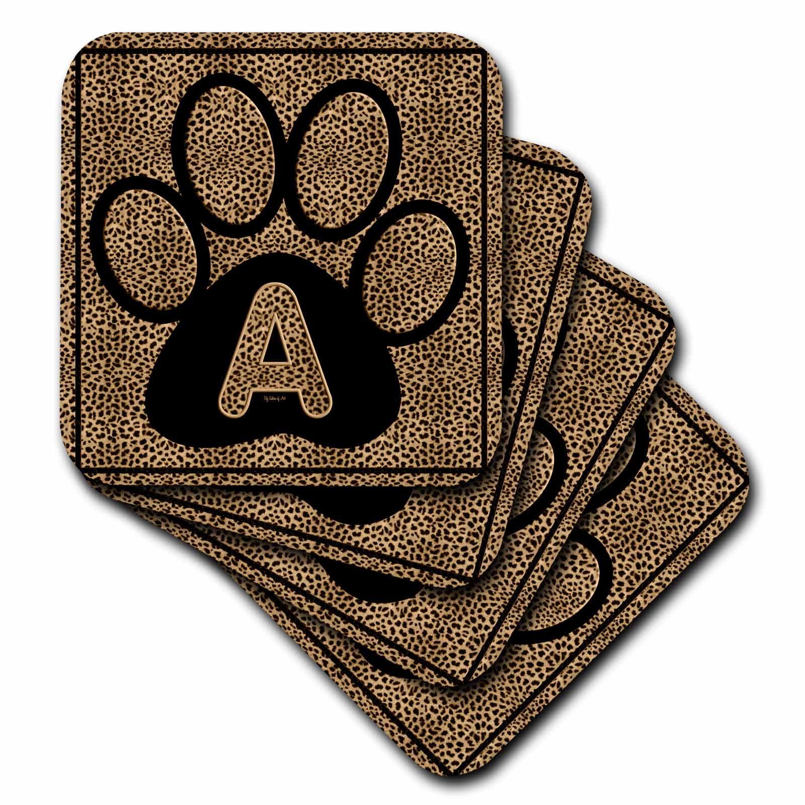 Letter A Standard Cheetah Print Cat Paw set of 8 Coasters Soft cst