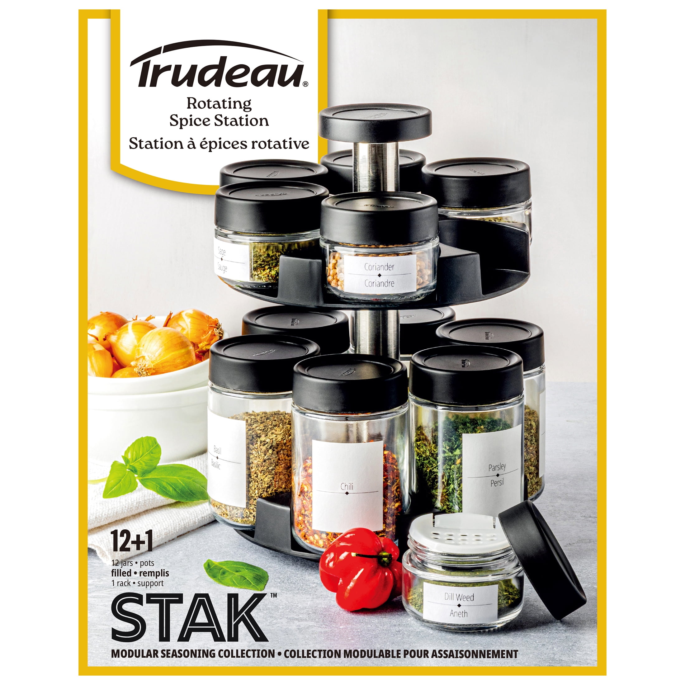 TRUDEAU™ STAK™ Rotating Seasoning Station, Spice Rack,  12 Glass Bottles, 12 Must-Have Spices Included