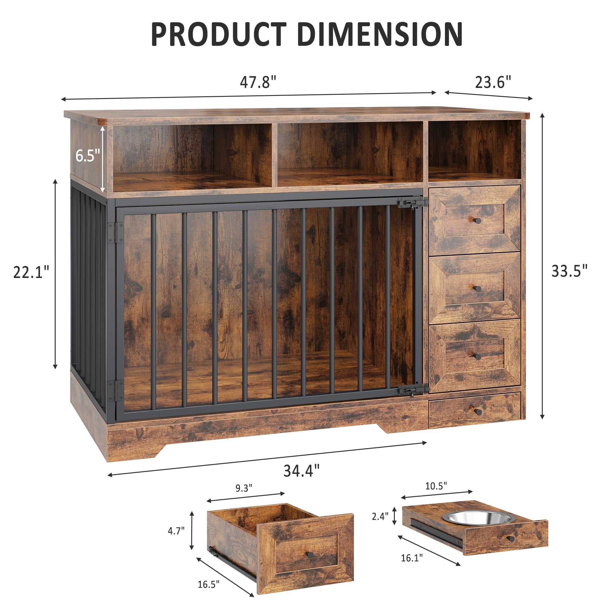 Studyset 48 Inch Dog Crate Furniture,Wooden Dog Kennel Indoor with Dog Bowl & Storage Drawers,Modern Pet Cage Side End Table,Heavy Duty Pet Crate Table for Medium Small Dogs for Living Room,Entryway