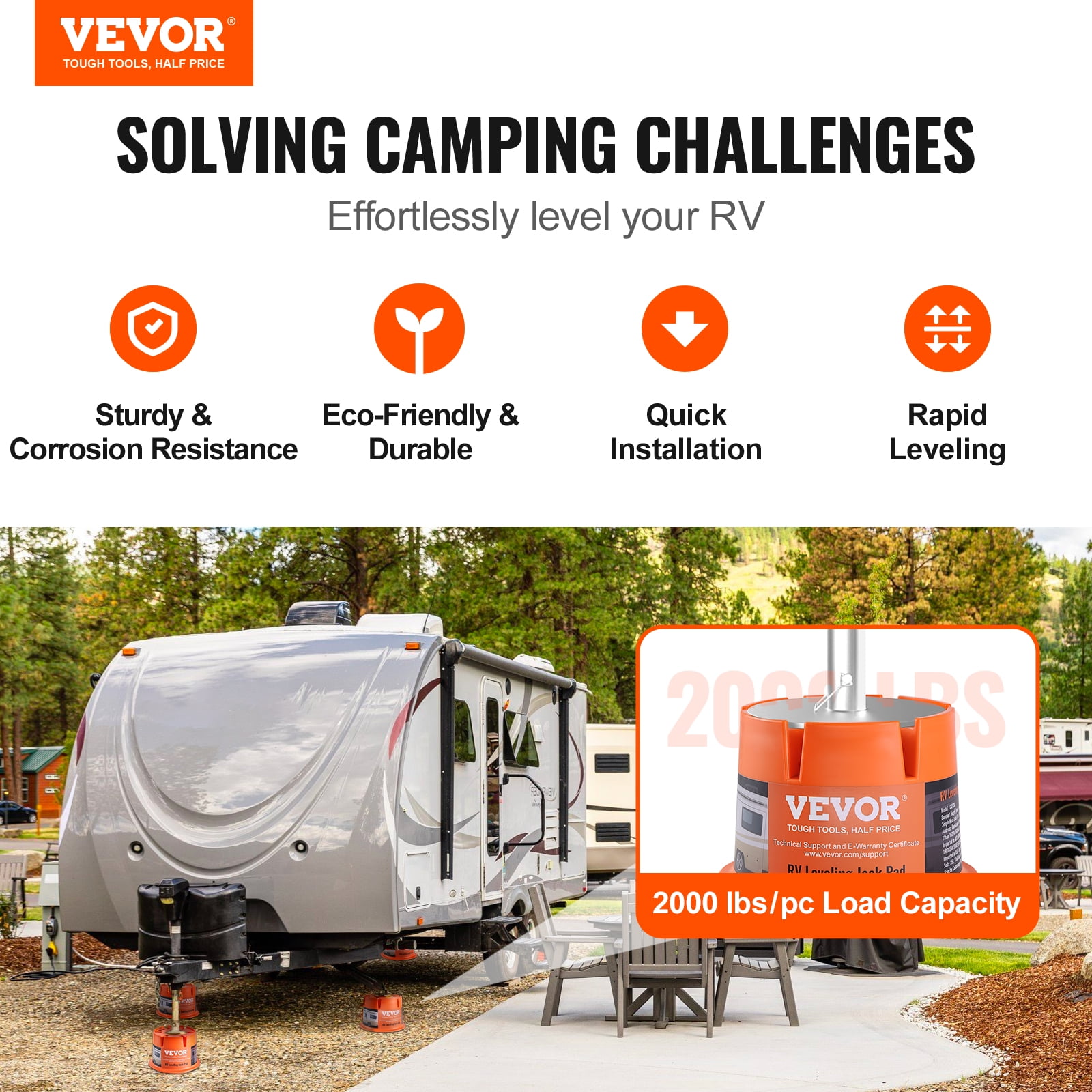 VEVOR Trailer Jack Block,2000 lbs Capacity per RV Leveling Block, High-quality Polypropylene RV Camper Stabilizer Blocks, RV Travel Accessories Use for Any Tongue Jack, Post, Foot, 5th Wheels, 2-Pack