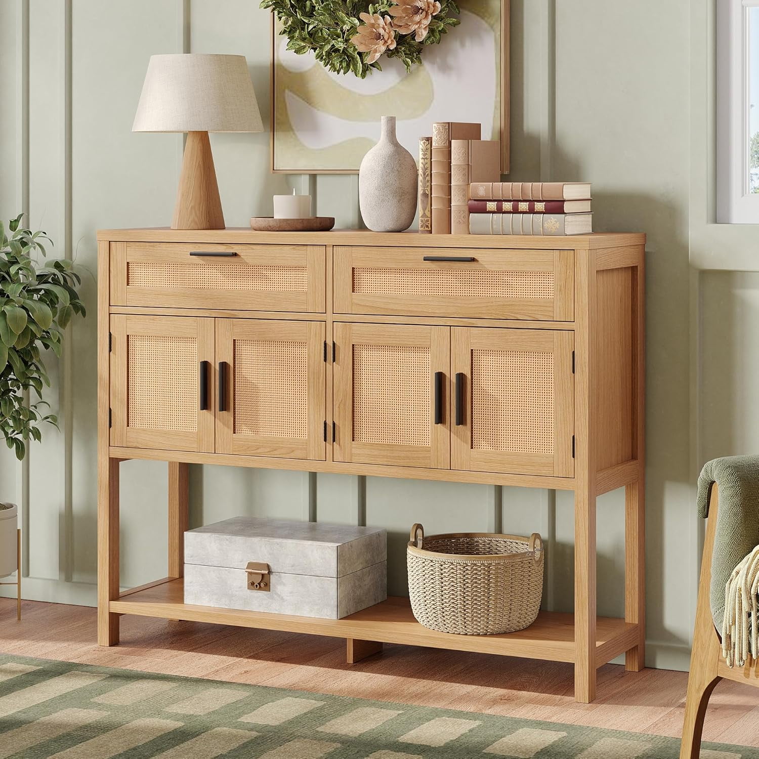 Vabches 47.2" W Rattan Console Table with 2 Drawer, Entryway Tables with 4 Doors and Open Storage Shelf, Sofa Table for Living Room Foyer Hallway Dining