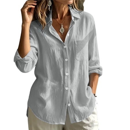 CHGBMOK Women s Linen Shirt Casual Long Sleeve Collared Blouse Button Down Cotton Tops with Pocket
