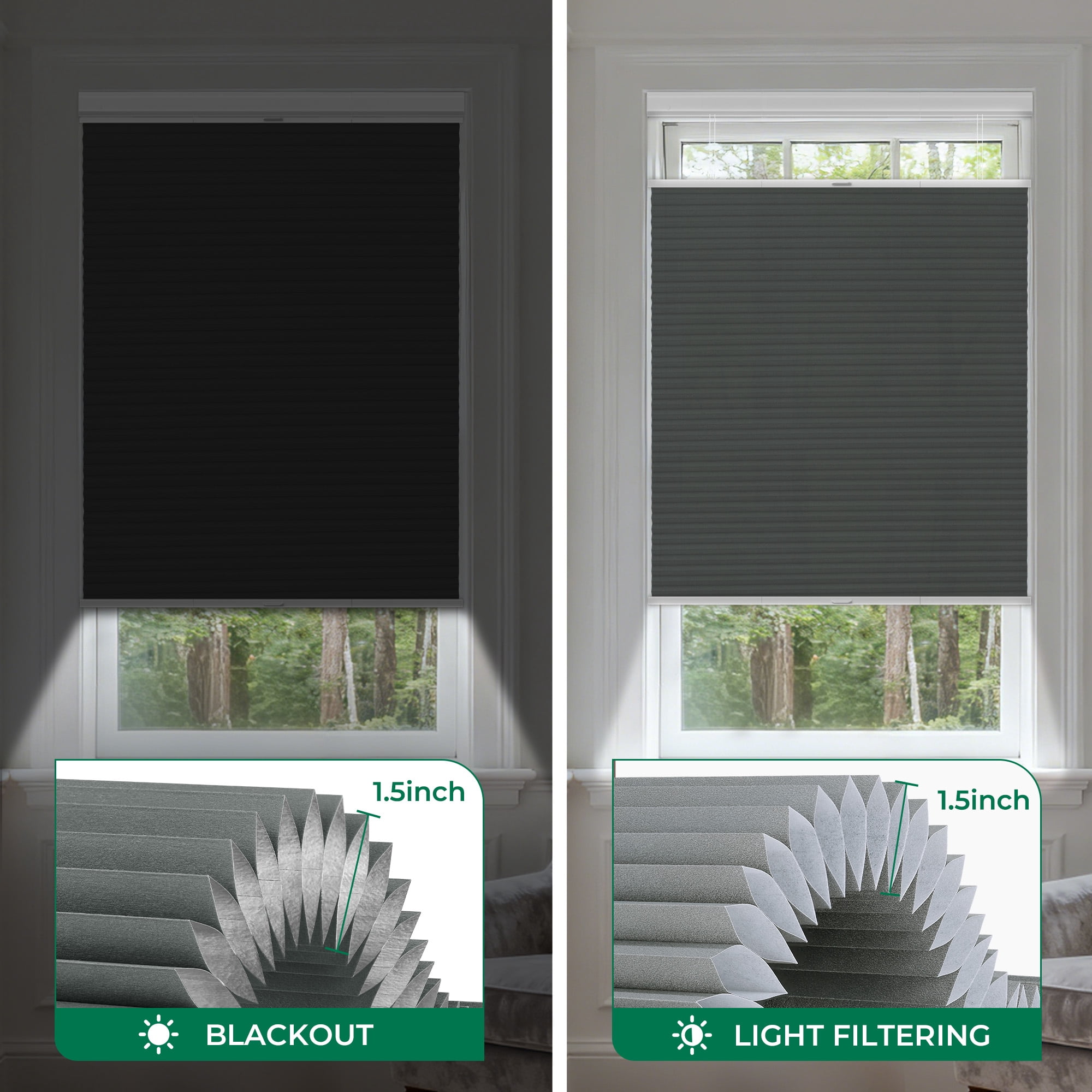 Allesin Zen No Drill No Tools Top Down Bottom Up Cellular Shades,Blackout Cordless Window Blinds for Indoor Windows,Easy to Install Honeycomb Blinds,White-Dark Gray(Blackout) 31" Wx64 H