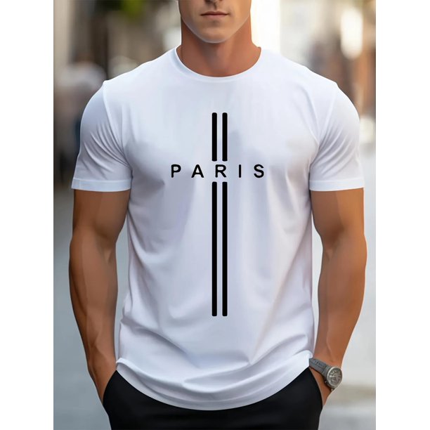 Unisex Paris Graphic Print Short-Sleeve T-Shirt - Bold "PARIS" Lettering with Striped Design, Lightweight Cotton Blend, Regular Fit, Summer Casual Wear for Men and Women, Casual Streetwear | Paris Th