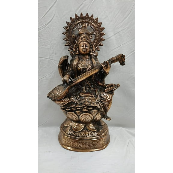 Saraswati Statue, Goddess Sarasvati Figurine, Hindu Goddess of Music and Knowledge Sculpture in Premium Cold Cast Bronze, Home Decor, Temple Decor - AtoZ India Cart