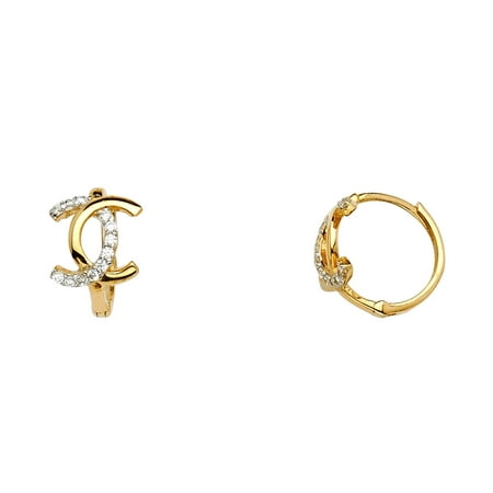 Ioka - 14K Yellow Gold CZ Stone Chanel CC Logo Huggies Hinged Earrings